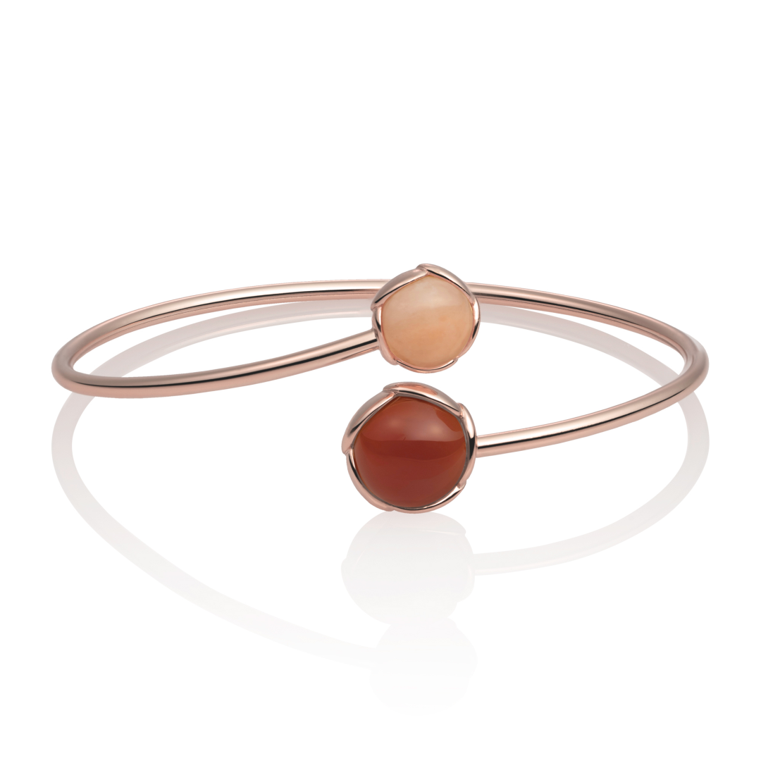 Bracelet - Rose Gold plated Blossom bangle - Double color Red Agate & Peach Rhodonite - medium