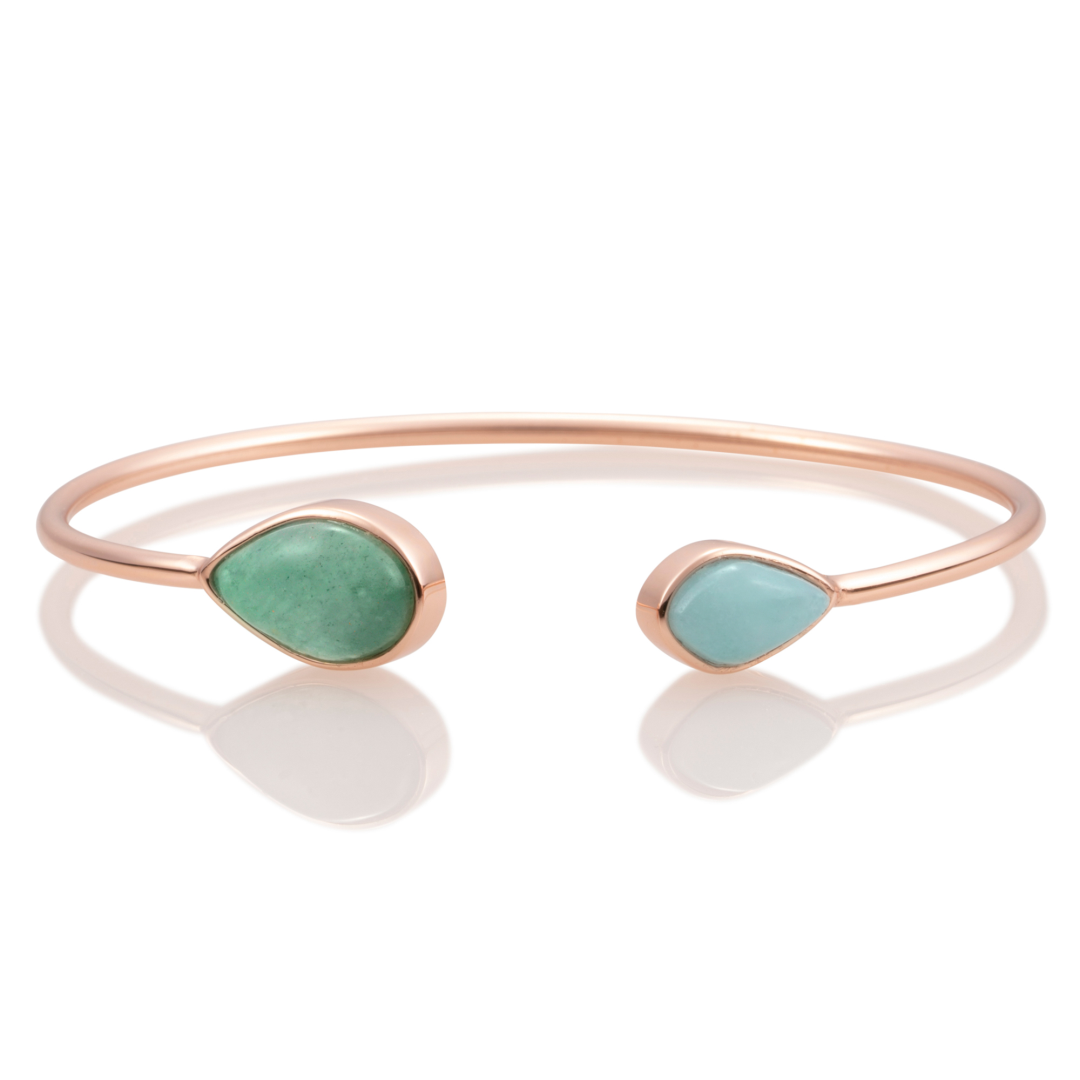 Bracelet - Rose Gold plated Leaf bangle - Double color Amazonite & Green Aventurine - medium