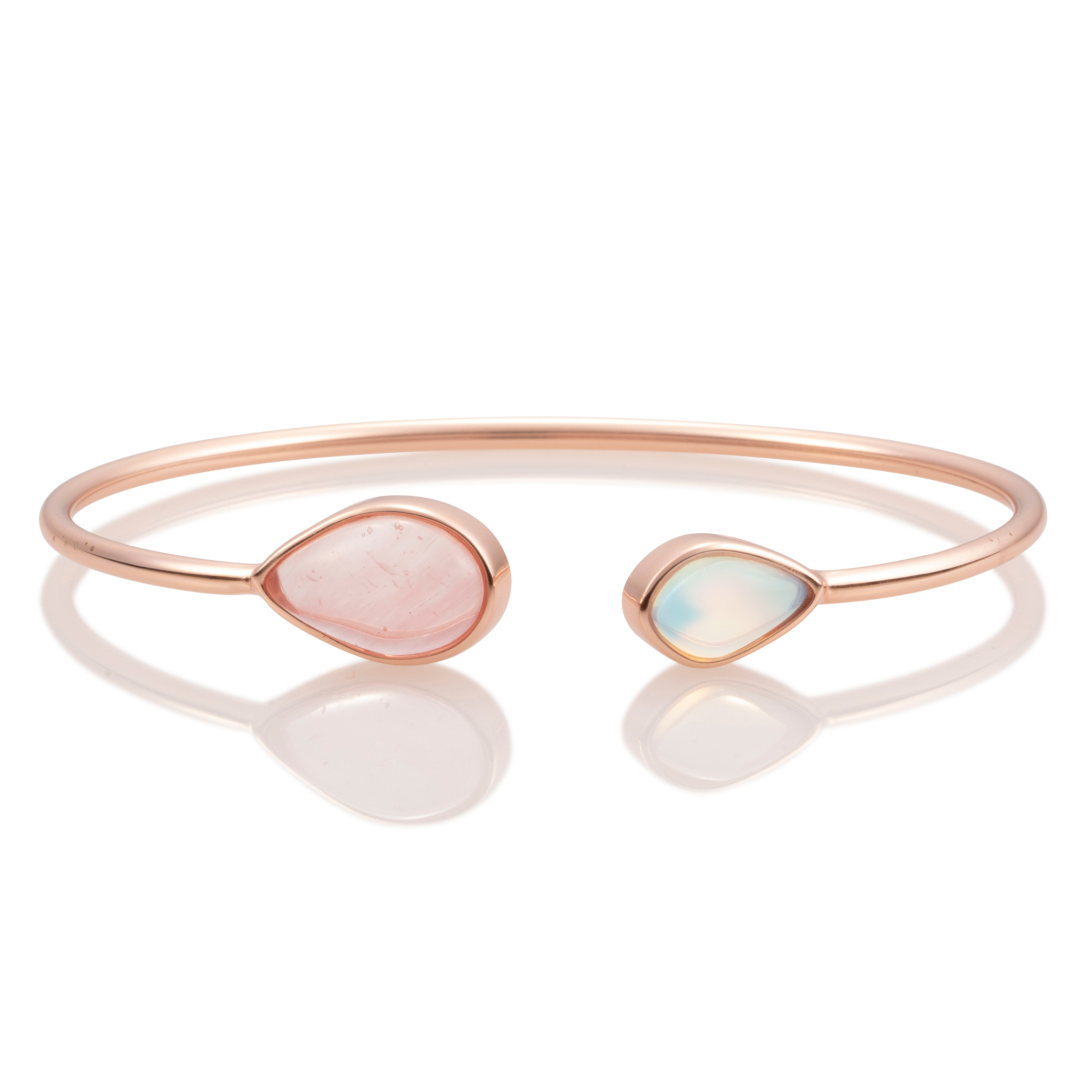 Bracelet - Rose Gold plated Leaf bangle - Double color Opalite & Cherry Quartz - medium