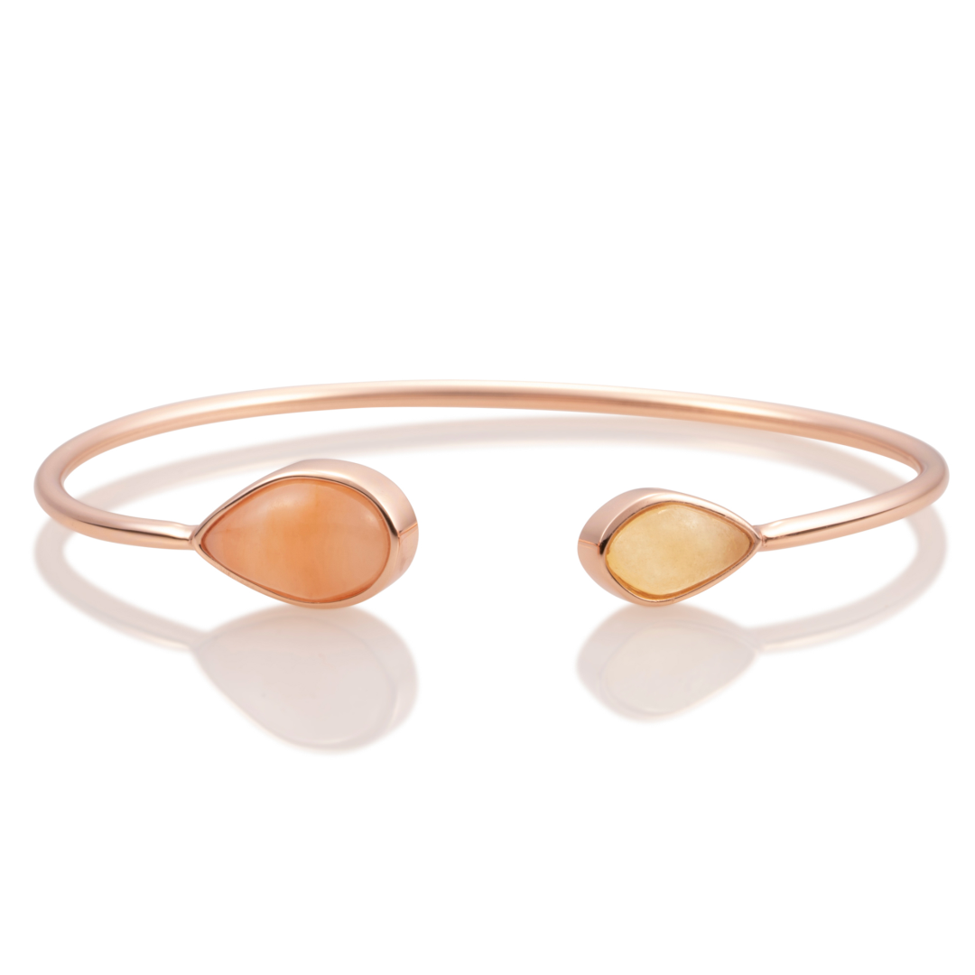 Bracelet - Rose Gold plated Leaf bangle - Double color Yellow Jade & Peach Rhodonite - medium