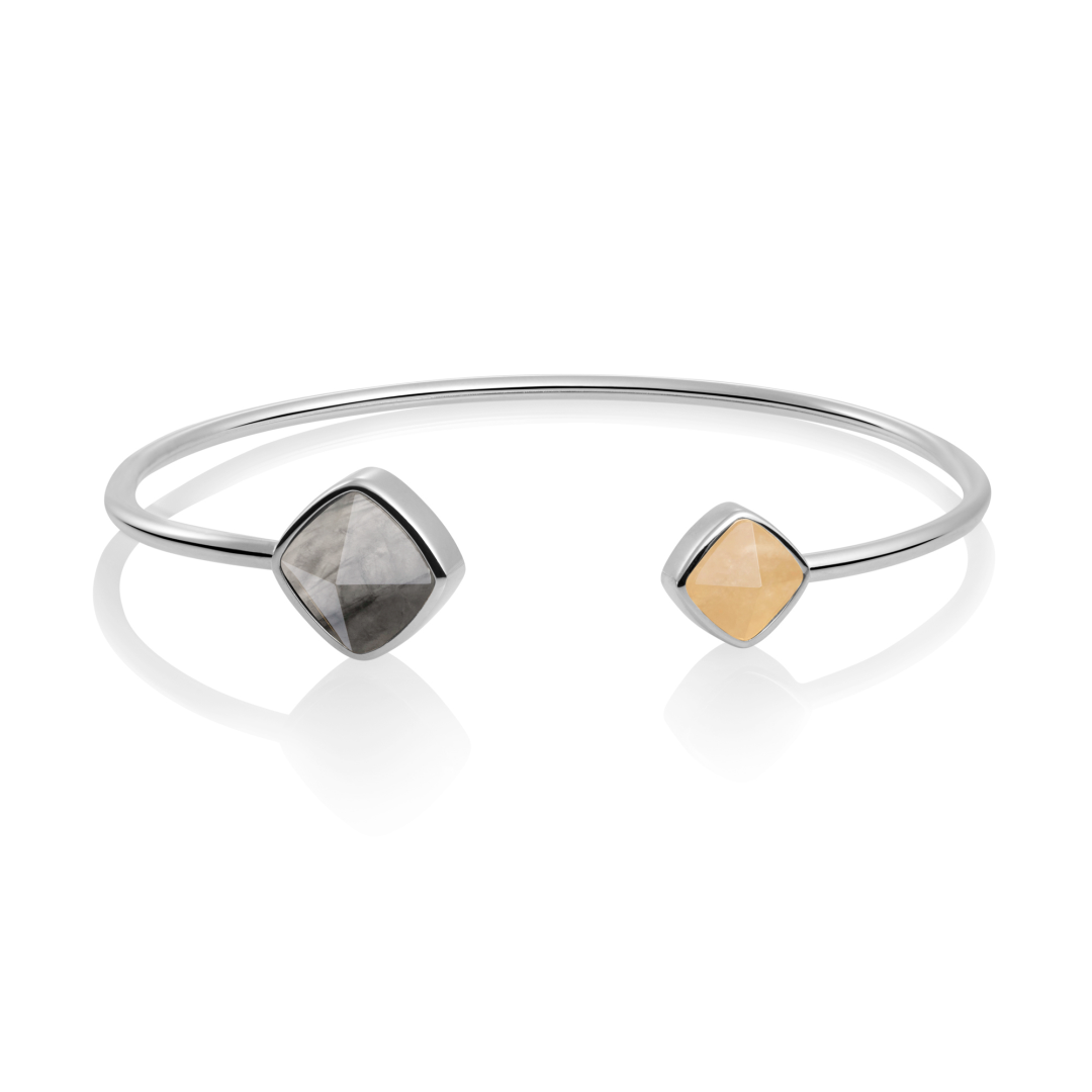 Bracelet - Silver Edge bangle - Double color Black Rutilated Quartz & Yellow Jade - small