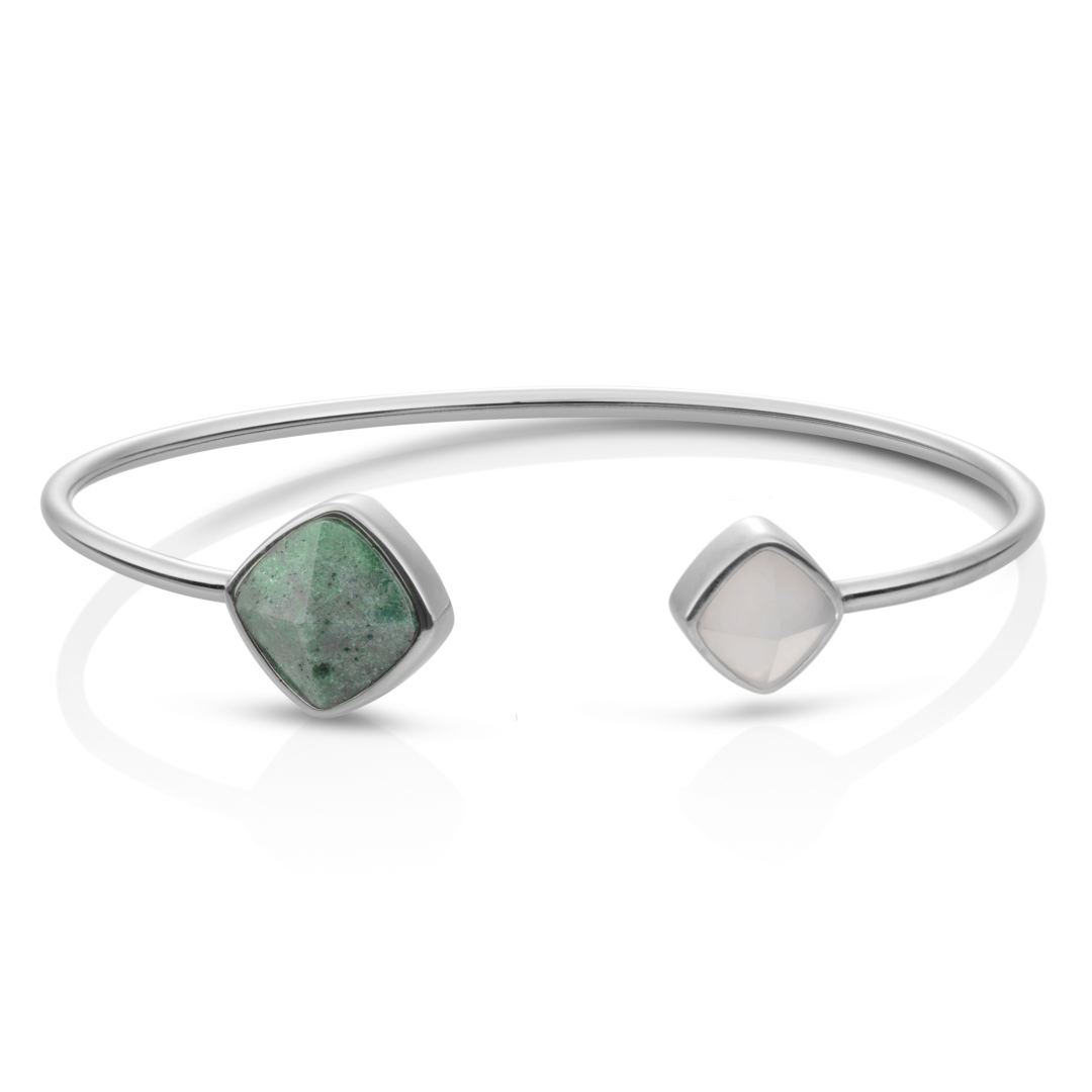 Bracelet - Silver Edge bangle - Double color Moss Agate & Grey Agate - small