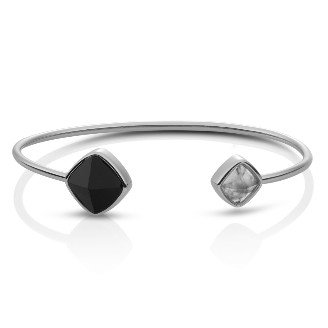 Bracelet - Silver Edge bangle - Double color Onyx & Black Rutilated Quartz - medium