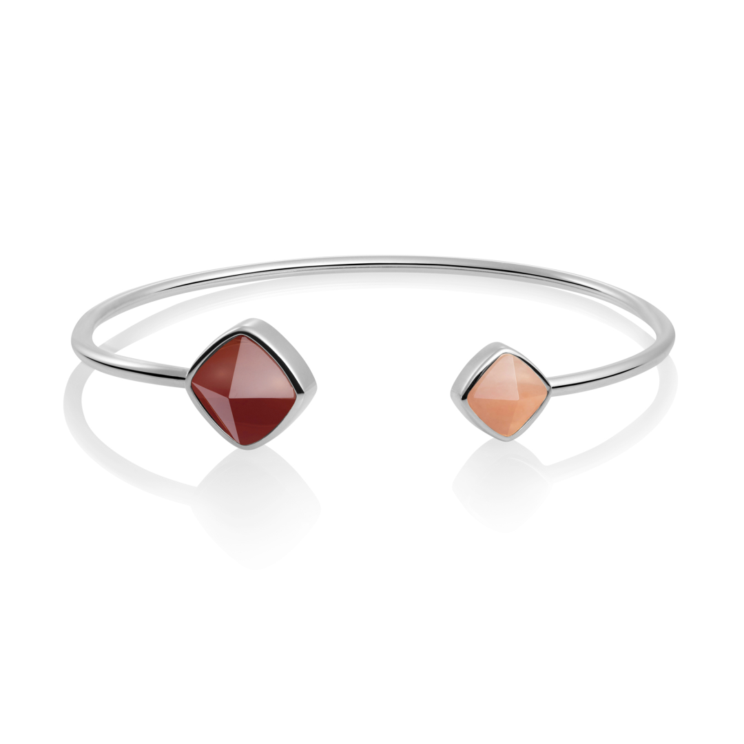 Bracelet - Silver Edge bangle - Double color Red Agate & Peach Rhodonite - medium