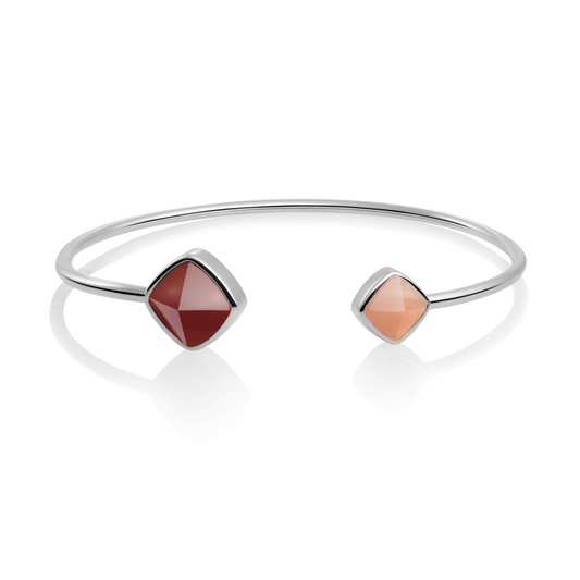 Bracelet - Silver Edge bangle - Double color Red Agate & Peach Rhodonite - medium
