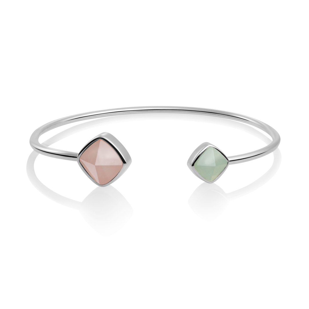 Bracelet - Silver Edge bangle - Double color Rose Quartz & Amazonite - small