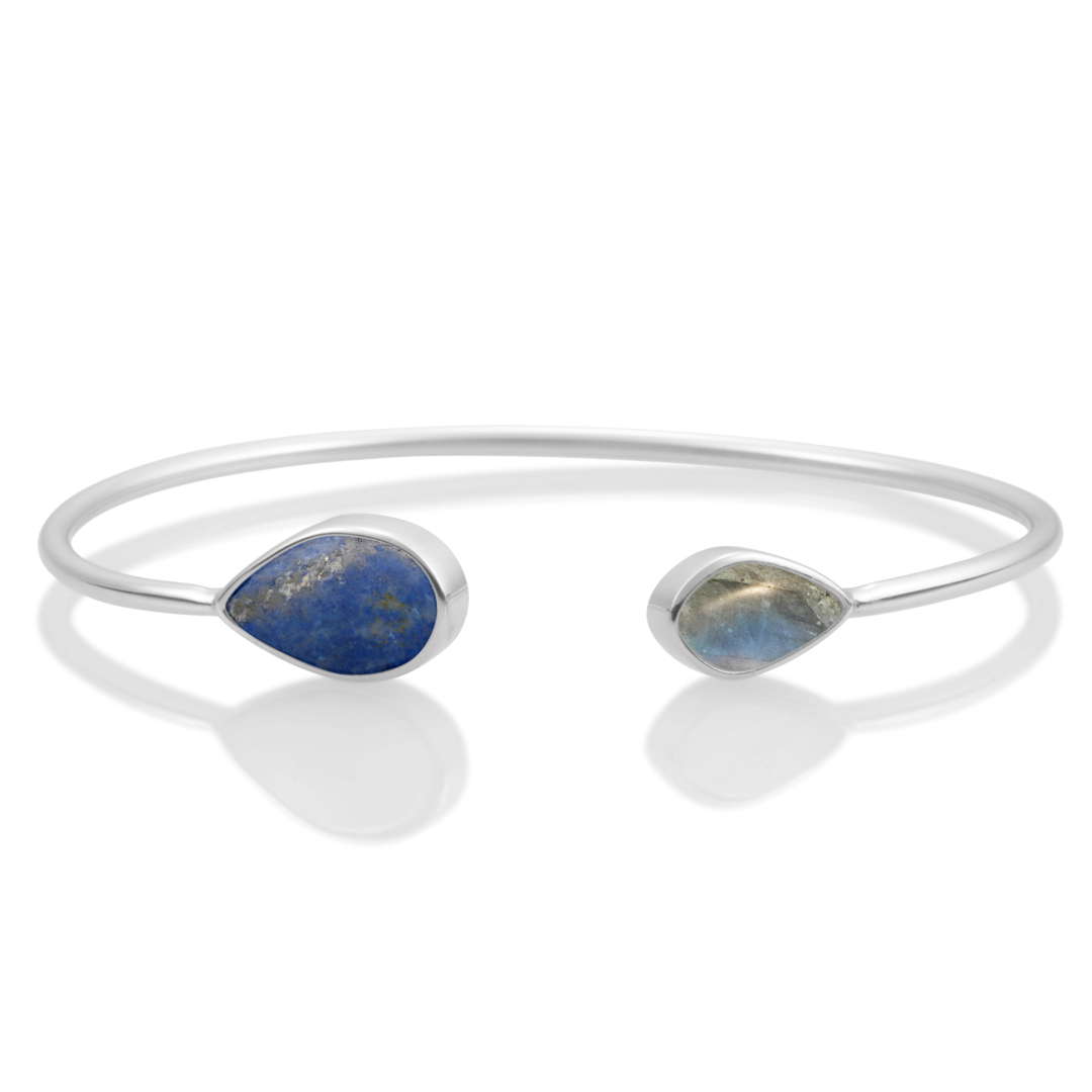 Bracelet - Silver Leaf bangle - Double color Lapis Lazuli & Labradorite - medium