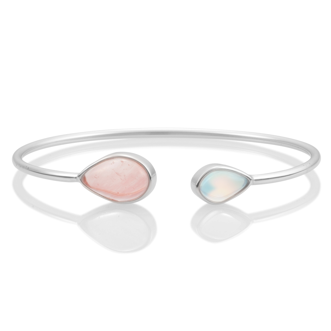 Bracelet - Silver Leaf bangle - Double color Opalite & Cherry Quartz - small