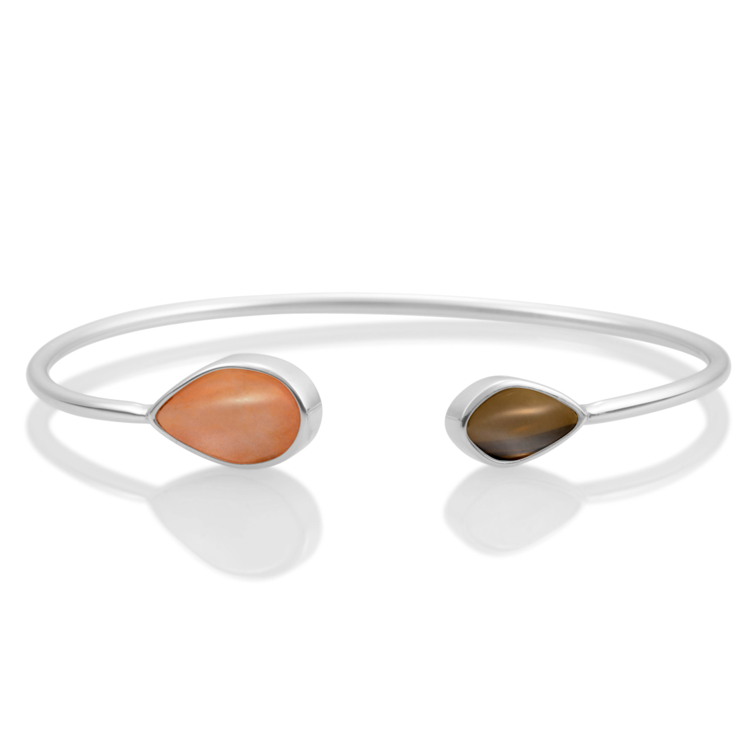 Bracelet - Silver Leaf bangle - Double color Peach Rhodonite & Smoky Quartz - medium