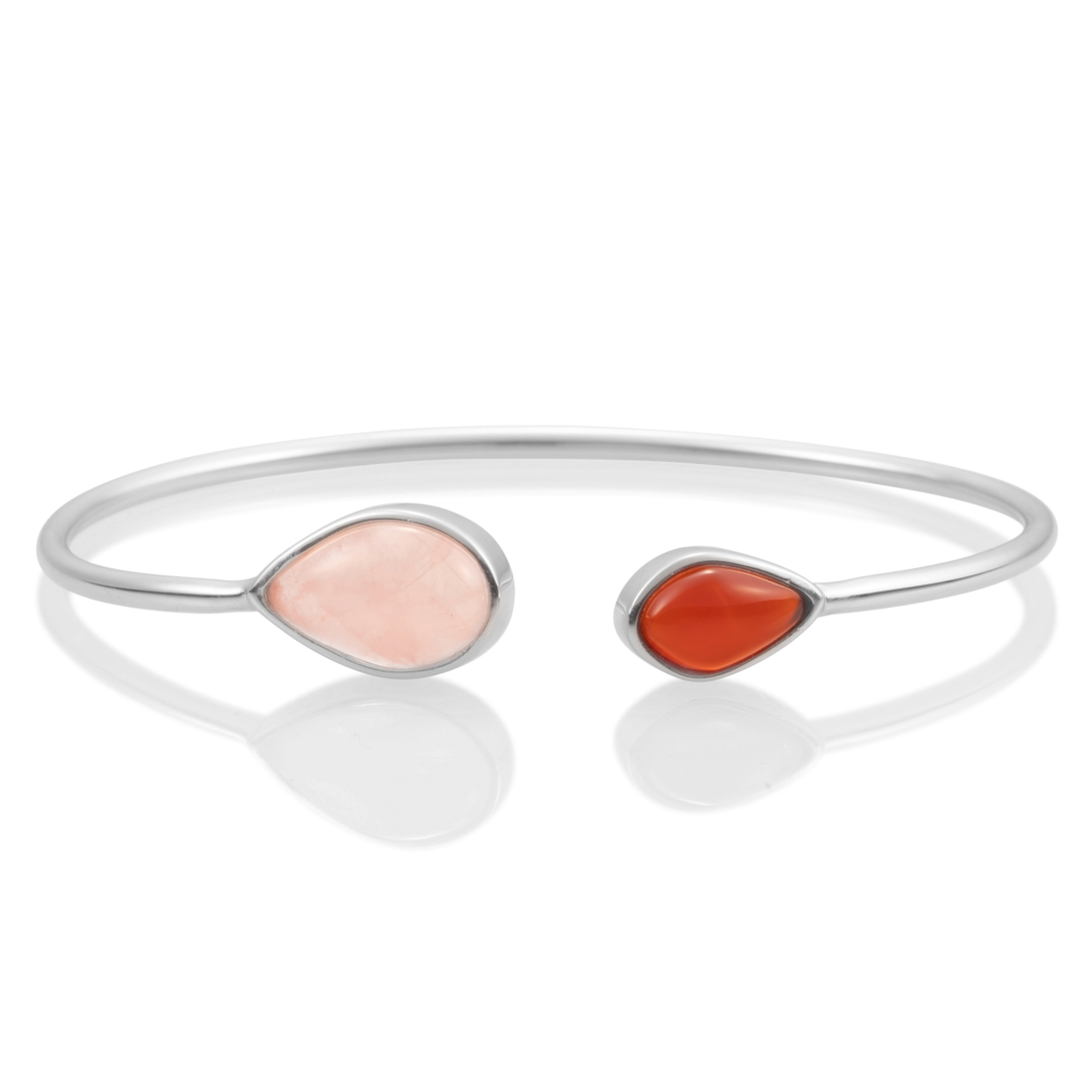 Bracelet - Silver Leaf bangle - Double color Red Agate & Rose Quartz - medium