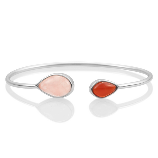 Bracelet - Silver Leaf bangle - Double color Red Agate & Rose Quartz - small