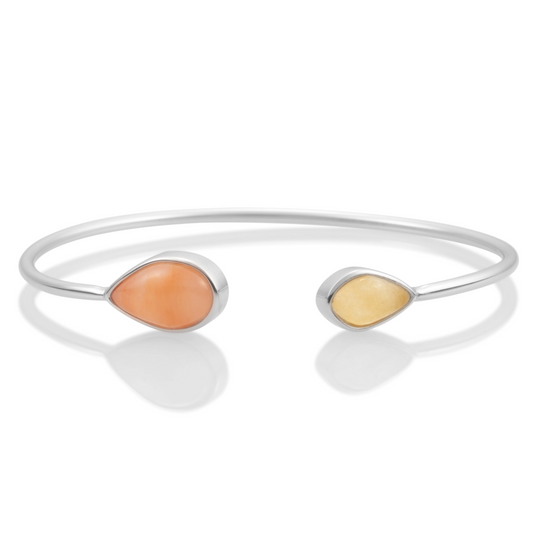 Bracelet - Silver Leaf bangle - Double color Yellow Jade & Peach Rhodonite - medium