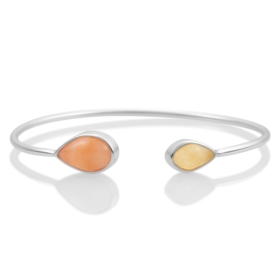 Bracelet - Silver Leaf bangle - Double color Yellow Jade & Peach Rhodonite - small