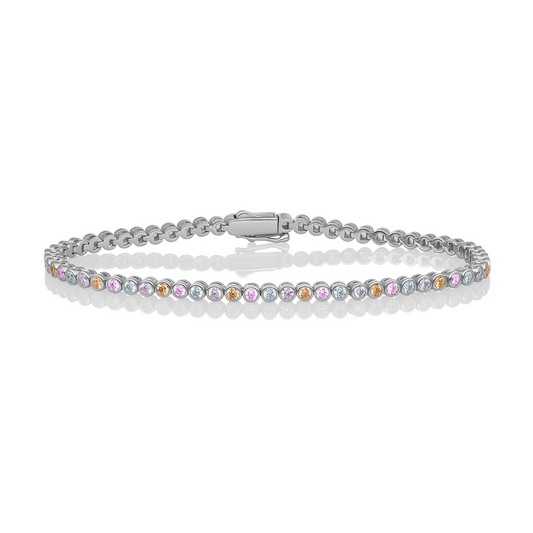 Bracelet | Tennis Round Multi CZ  rhodium plated - Silver - Small