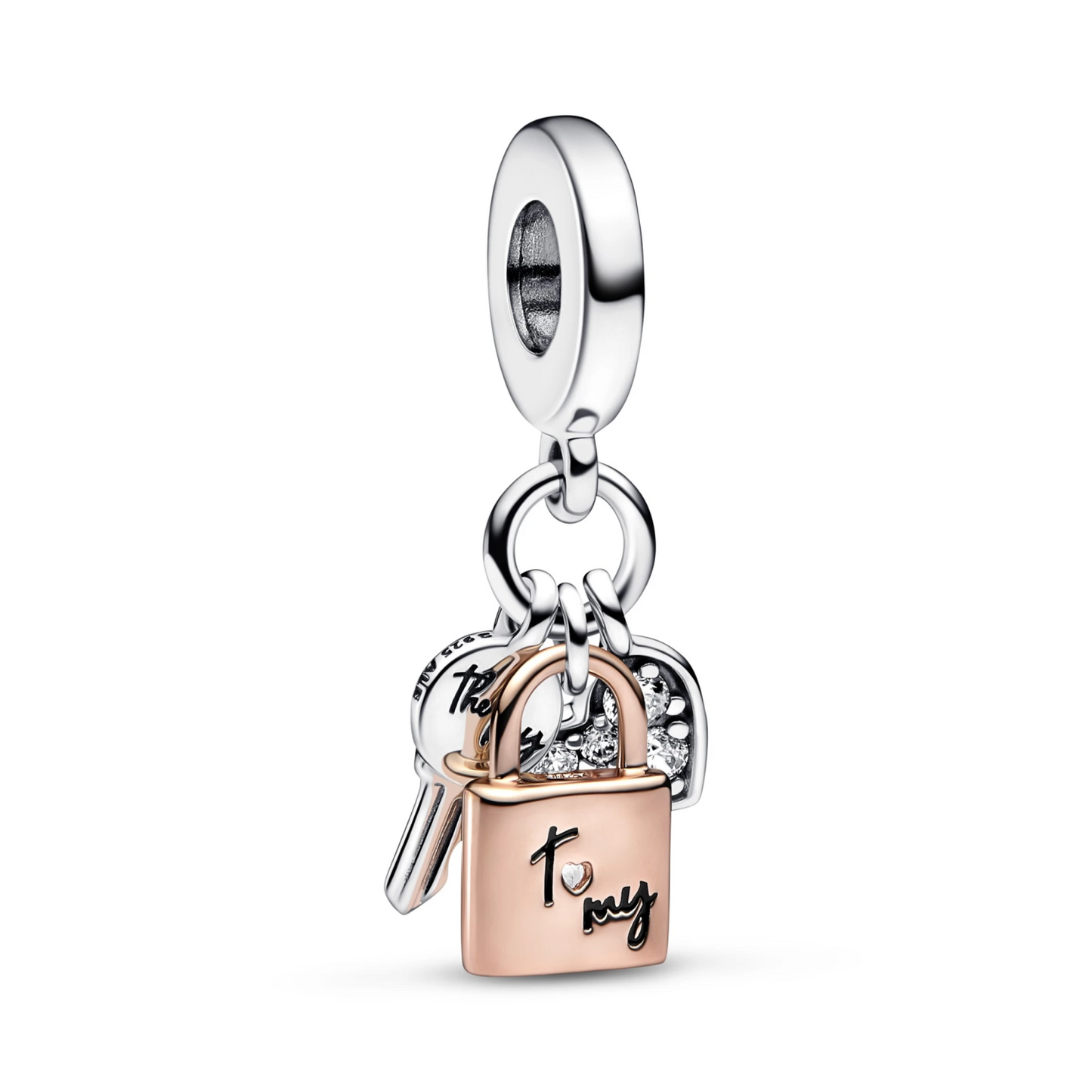 Charm Pendant Triple Clé, Cadenas & Cœur Bicolore