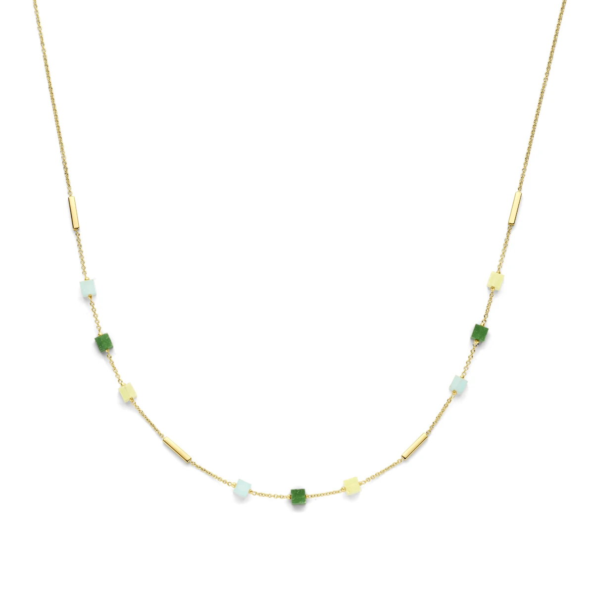 collier blauw en groen kwartsiet 45 cm 14K geelgoud