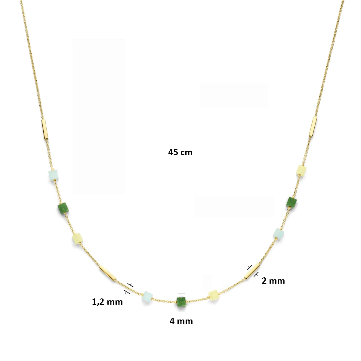 collier blauw en groen kwartsiet 45 cm 14K geelgoud
