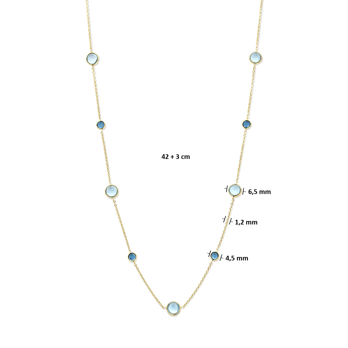 collier blauw topaas en london blue topaas 42 - 45 cm 14K geelgoud
