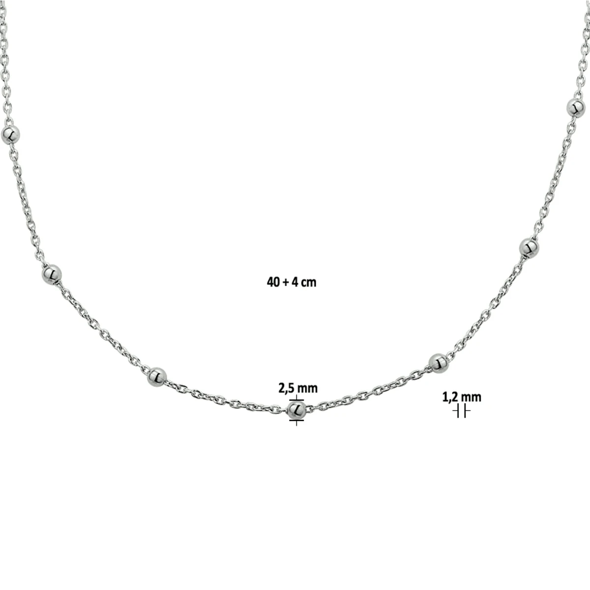 collier bolletjes 1,2 mm 40 + 4 cm zilver gerhodineerd