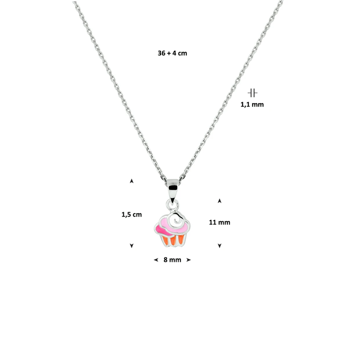 collier cupcake emaille 36 + 4 cm zilver gerhodineerd