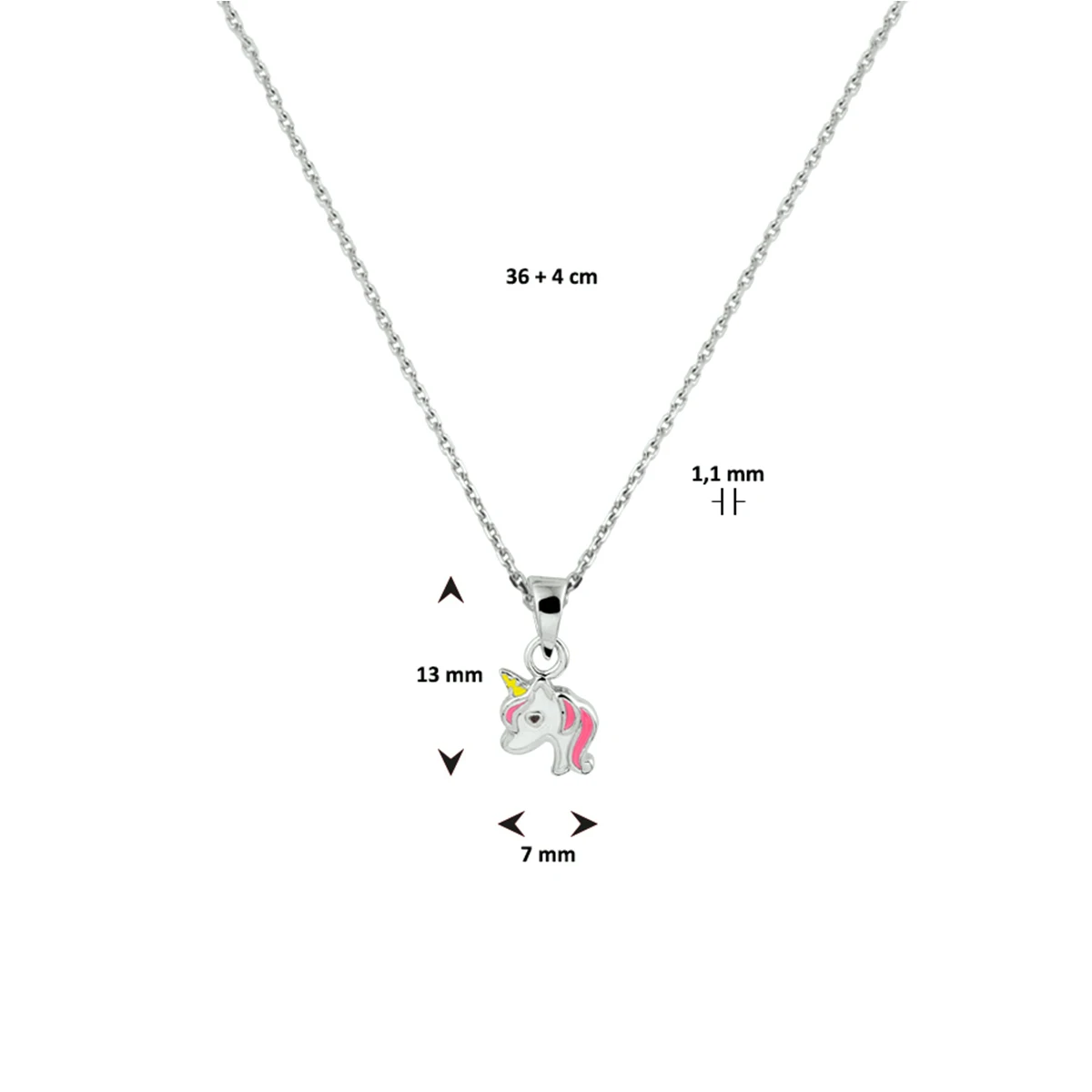 collier eenhoorn 36 + 4 cm zilver gerhodineerd