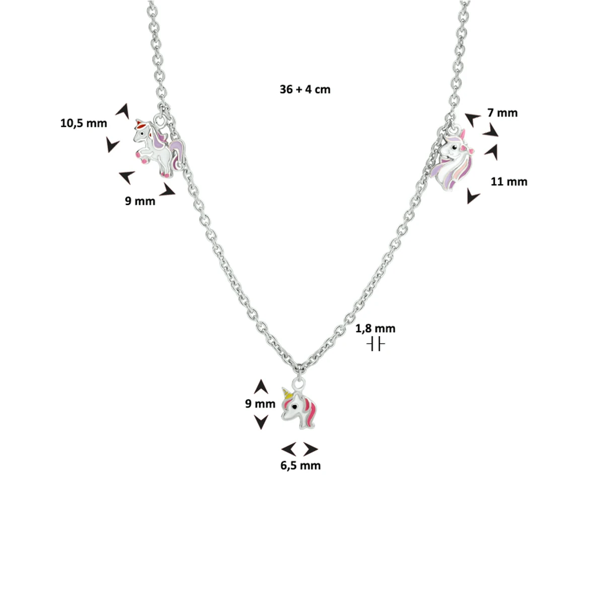 collier eenhoorn emaille 36 + 4 cm zilver gerhodineerd