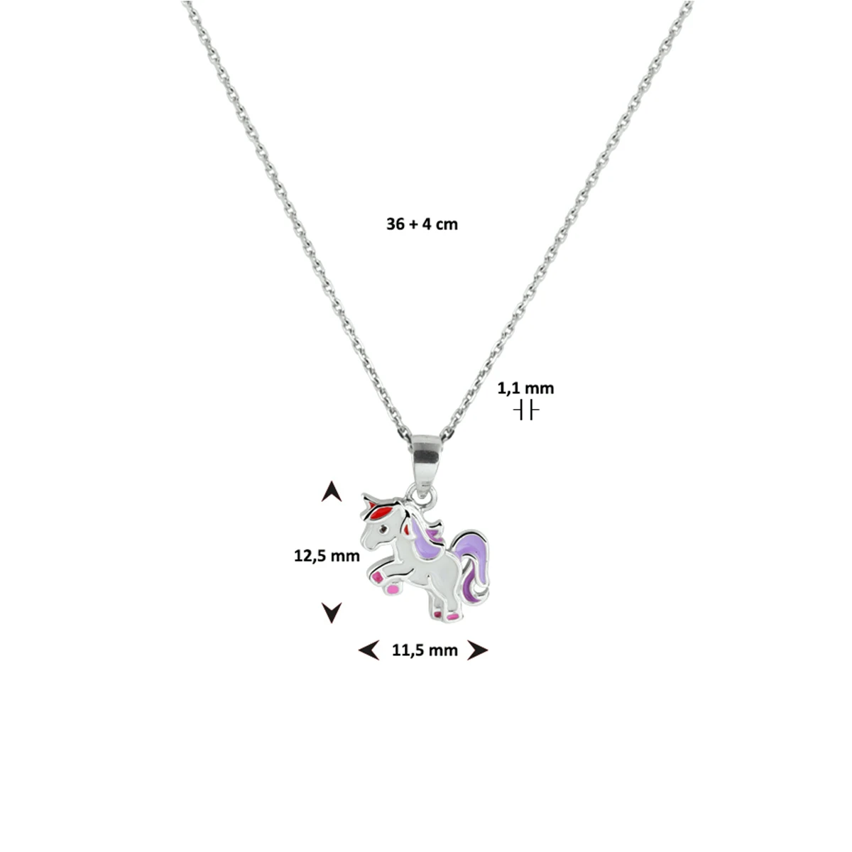 collier emaille eenhoorn 36 + 4 cm zilver gerhodineerd