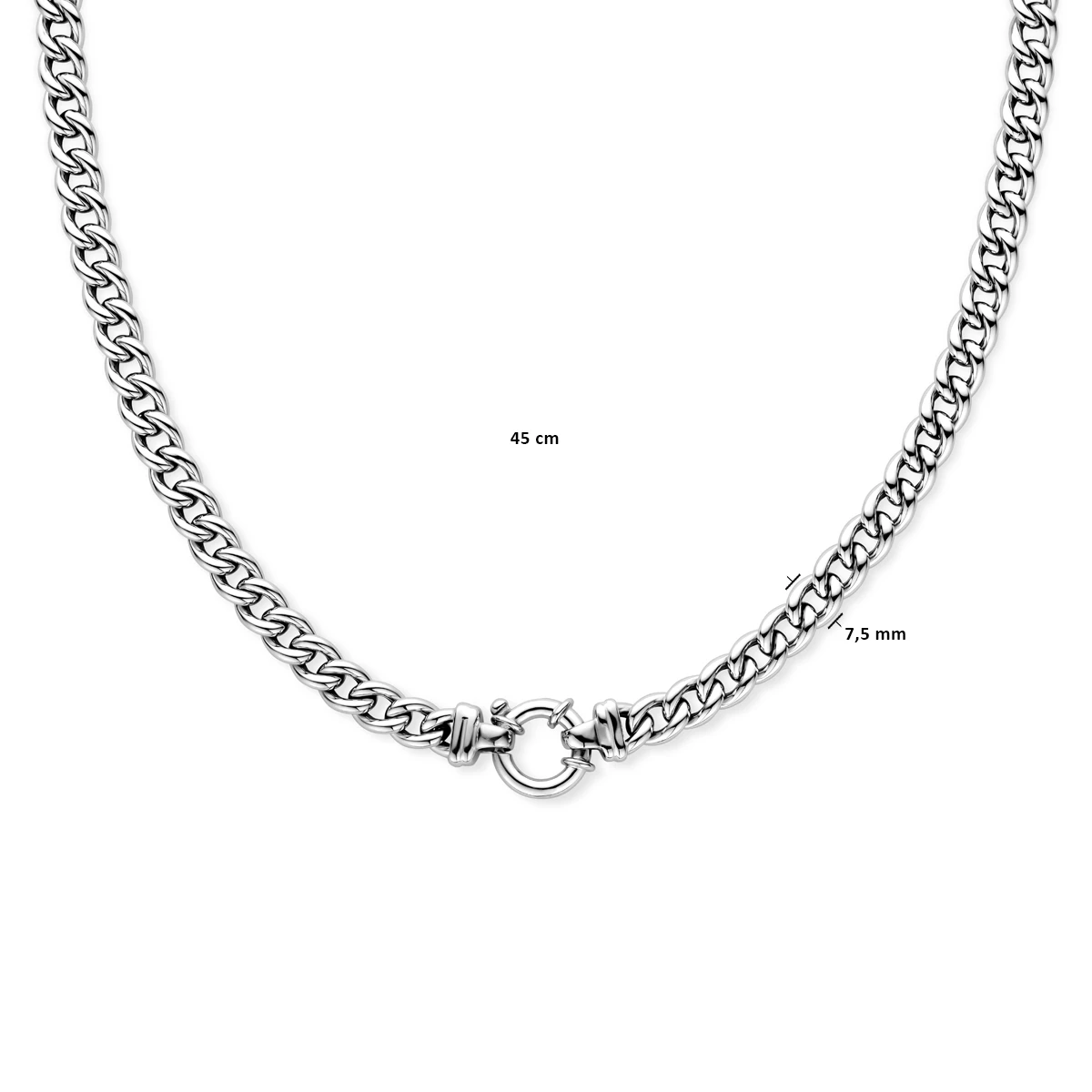 collier gourmette 7,5 mm 45 cm met groot veerslot zilver gerhodineerd