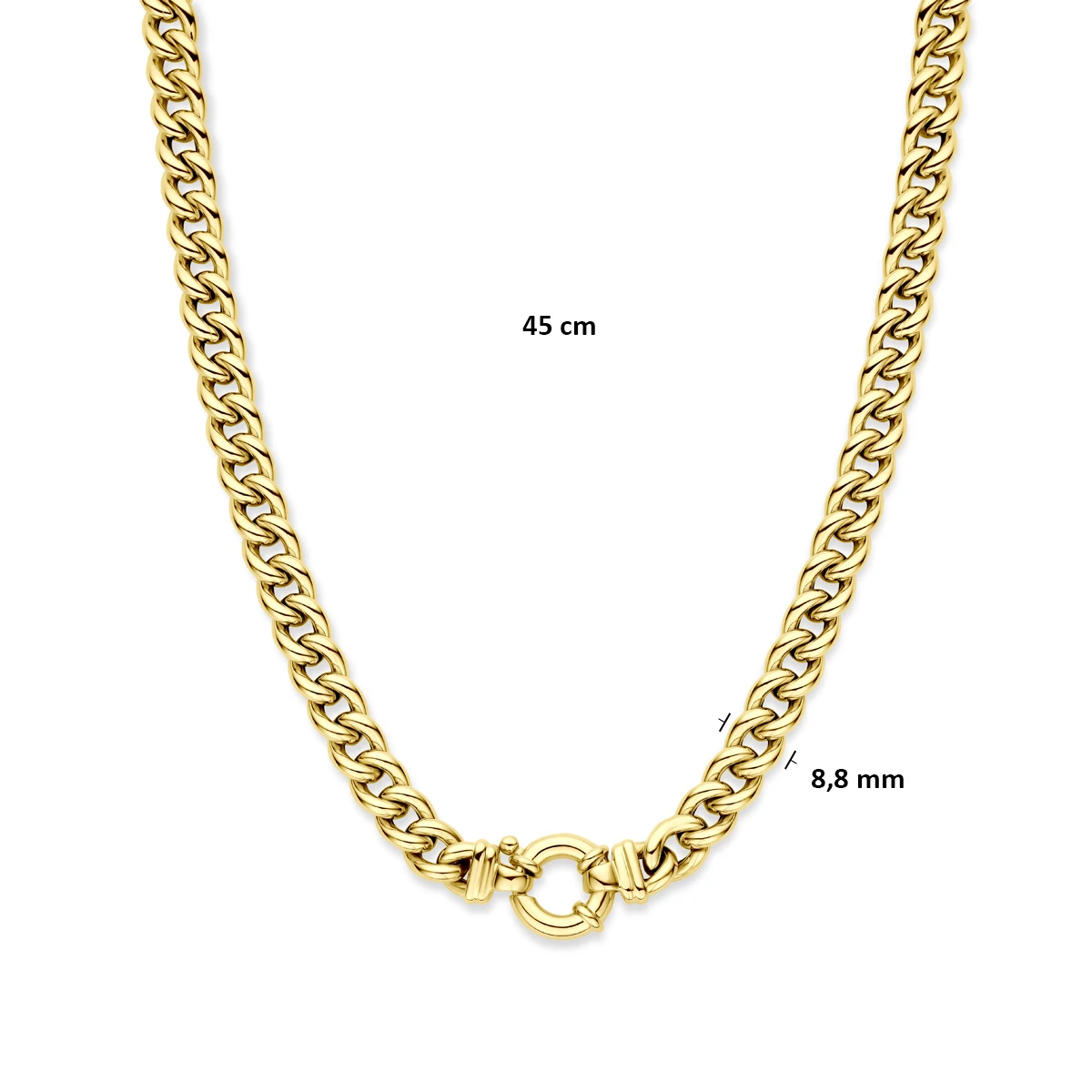 collier gourmette 9 mm 45 cm met groot veerslot 14K geelgoud