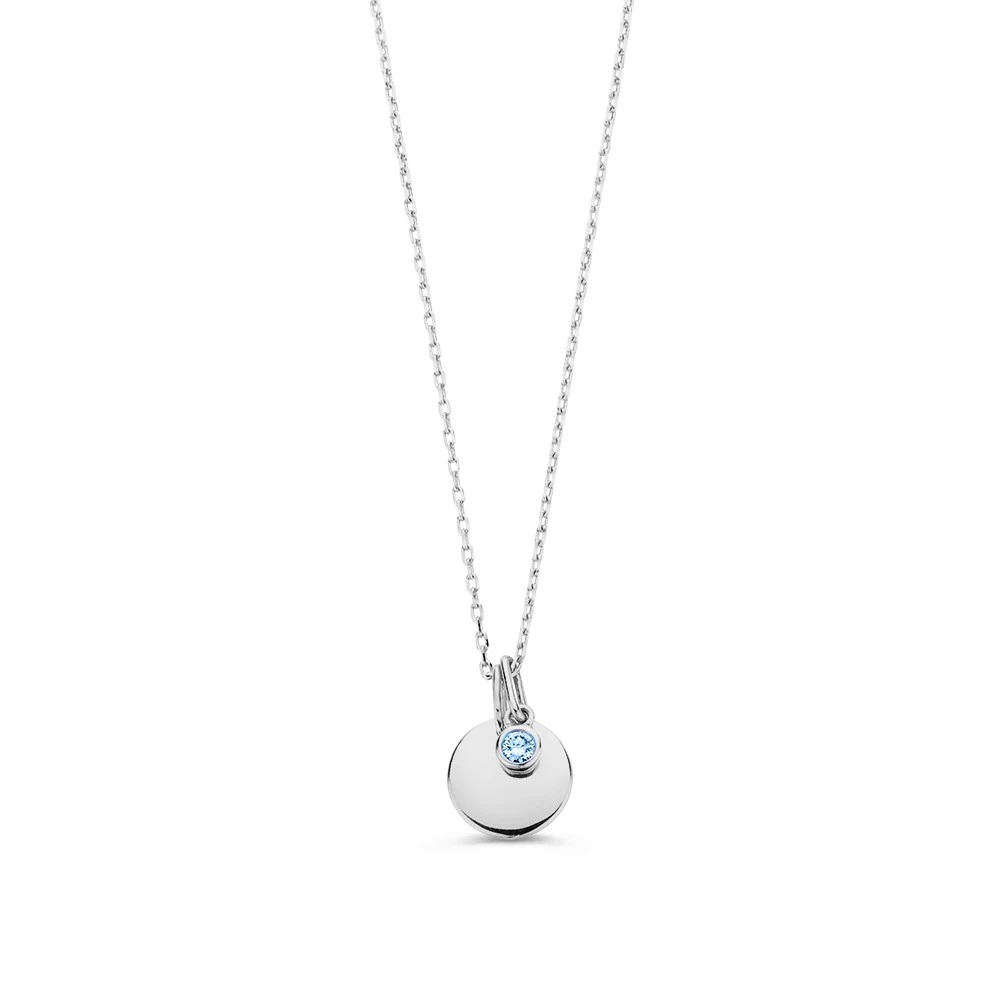 Collier graveerplaatje + 0,05 crt. blauwe diamant - witgoud
