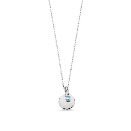 Collier graveerplaatje + 0,05 crt. blauwe diamant - witgoud