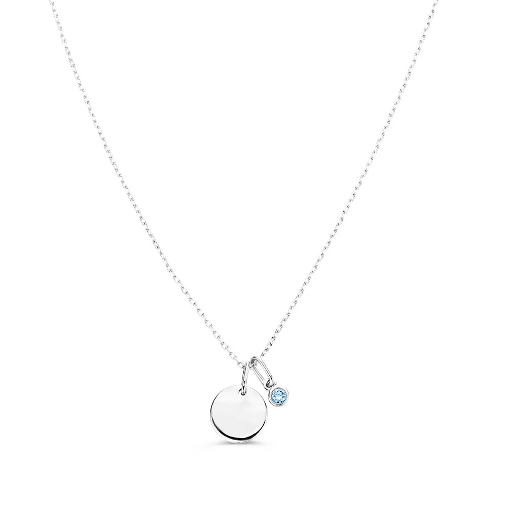 Collier graveerplaatje + 0,05 crt. blauwe diamant - witgoud