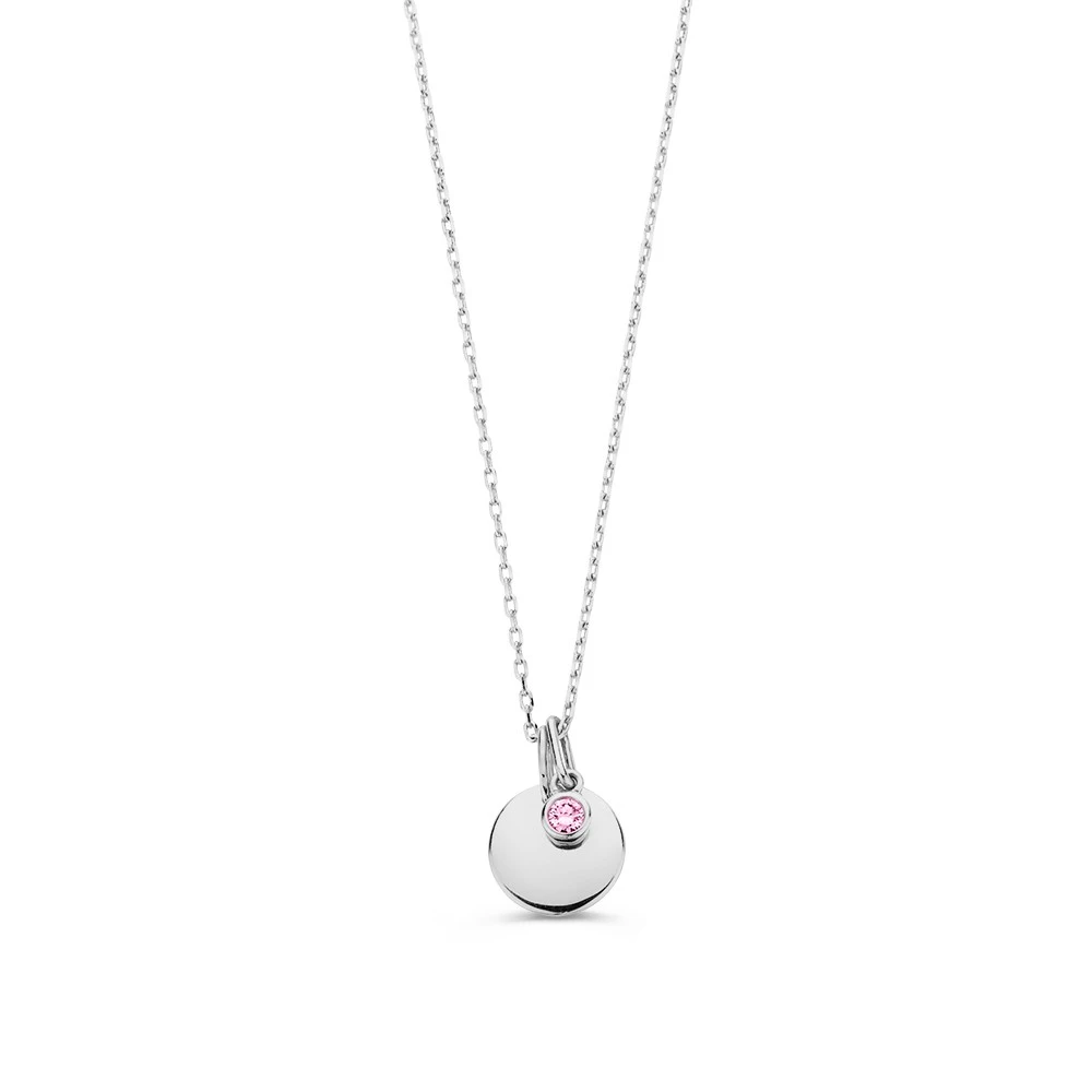 Collier graveerplaatje + 0,05 crt. roze diamant - witgoud