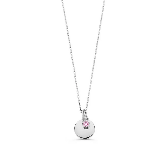 Collier graveerplaatje + 0,05 crt. roze diamant - witgoud