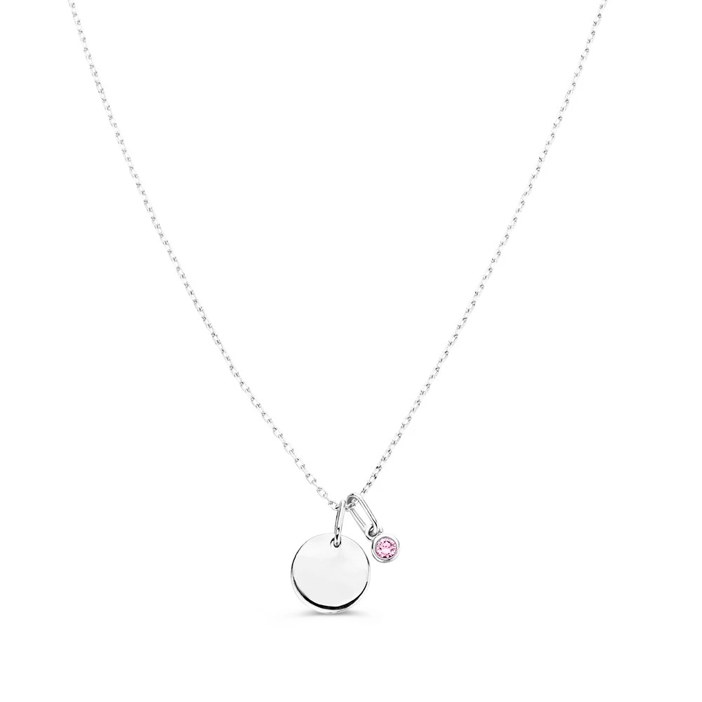 Collier graveerplaatje + 0,05 crt. roze diamant - witgoud