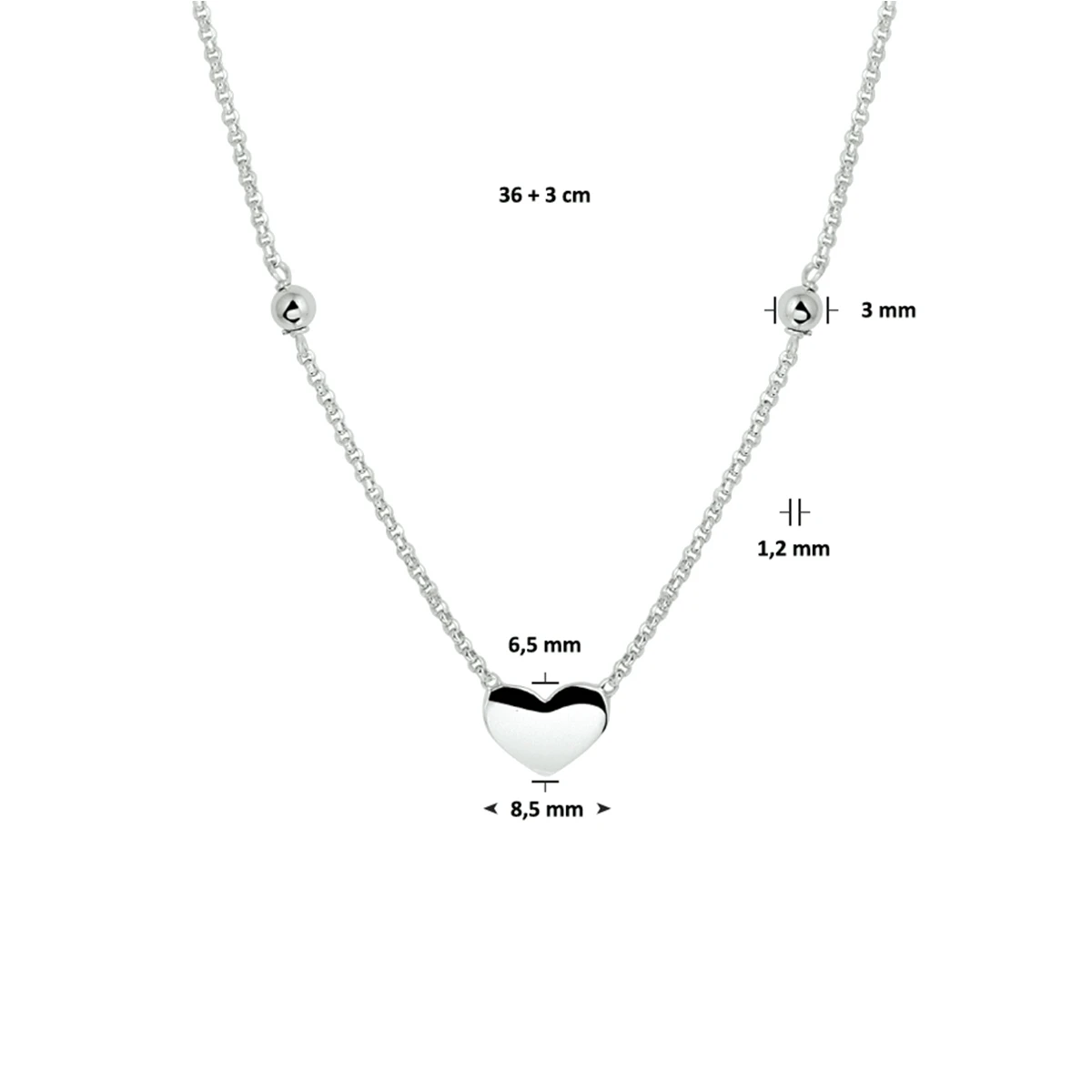 collier hart 36 + 3 cm zilver gerhodineerd