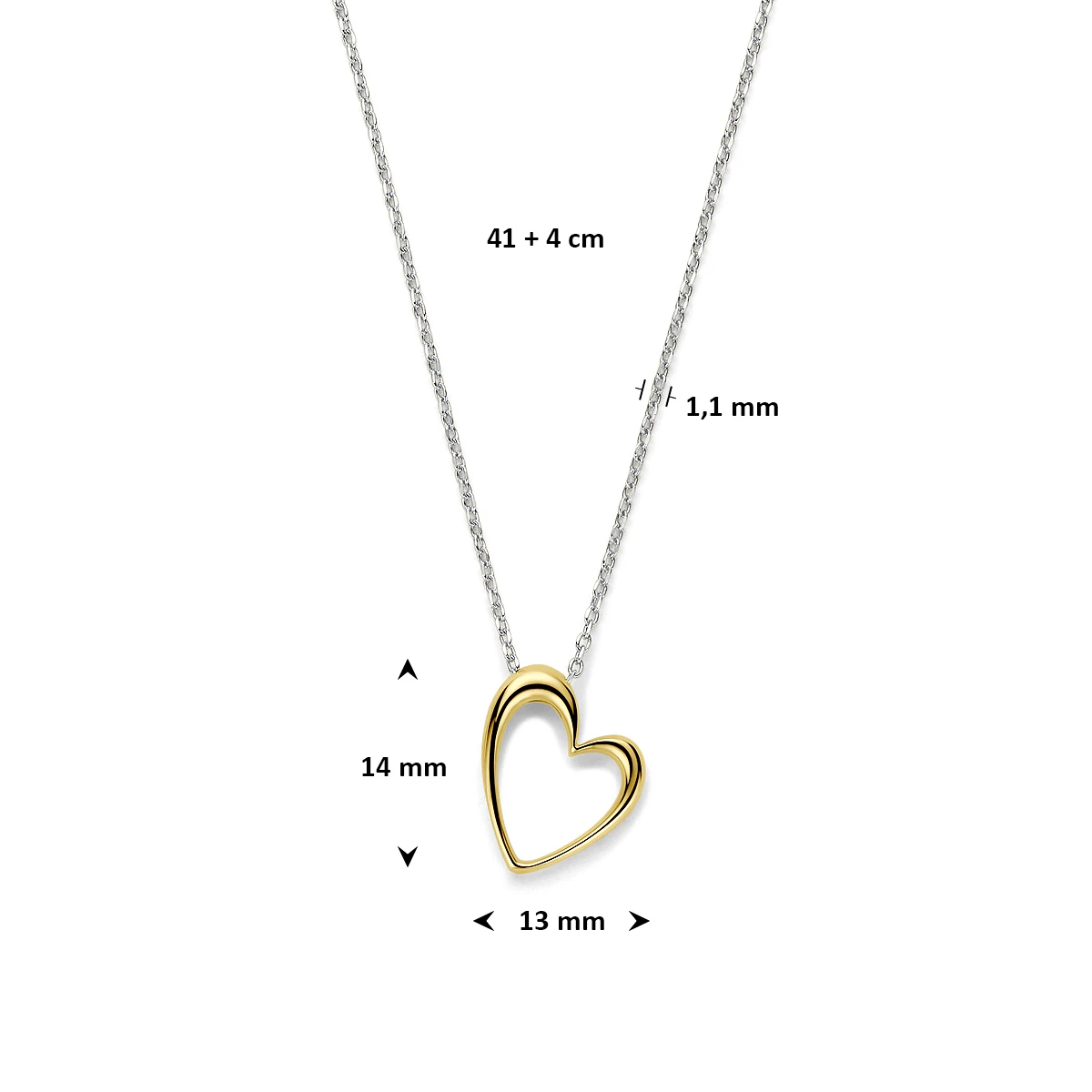 collier hart 41 + 4 cm 3 micron zilver verguld (geel/rhodium)