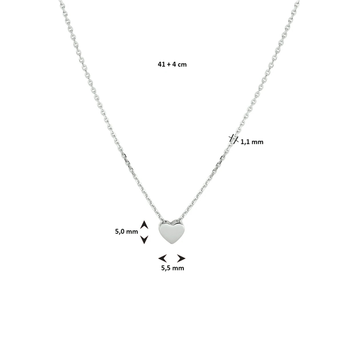 collier hart 41 + 4 cm zilver gerhodineerd