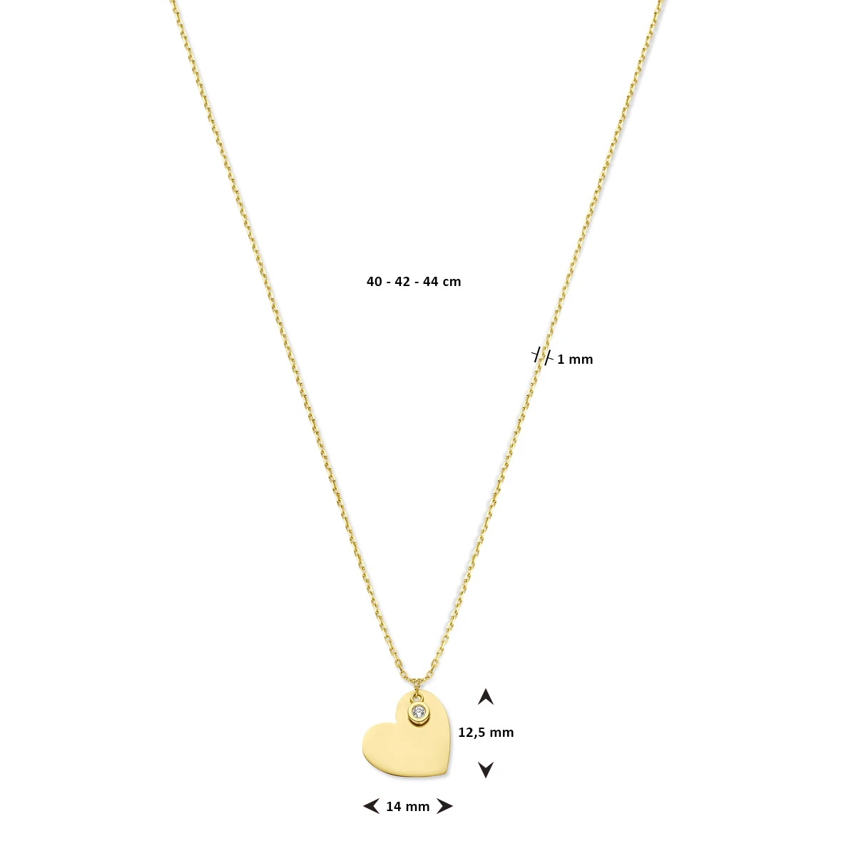 collier hart en zirkonia 1,0 mm 40 - 42 - 44 cm 14K geelgoud