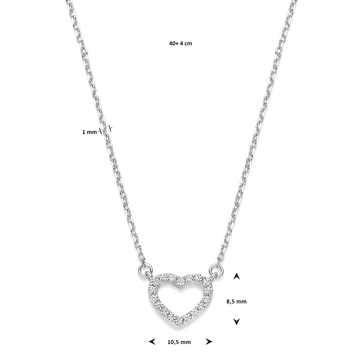 collier hart zirkonia 40 + 4 cm zilver gerhodineerd