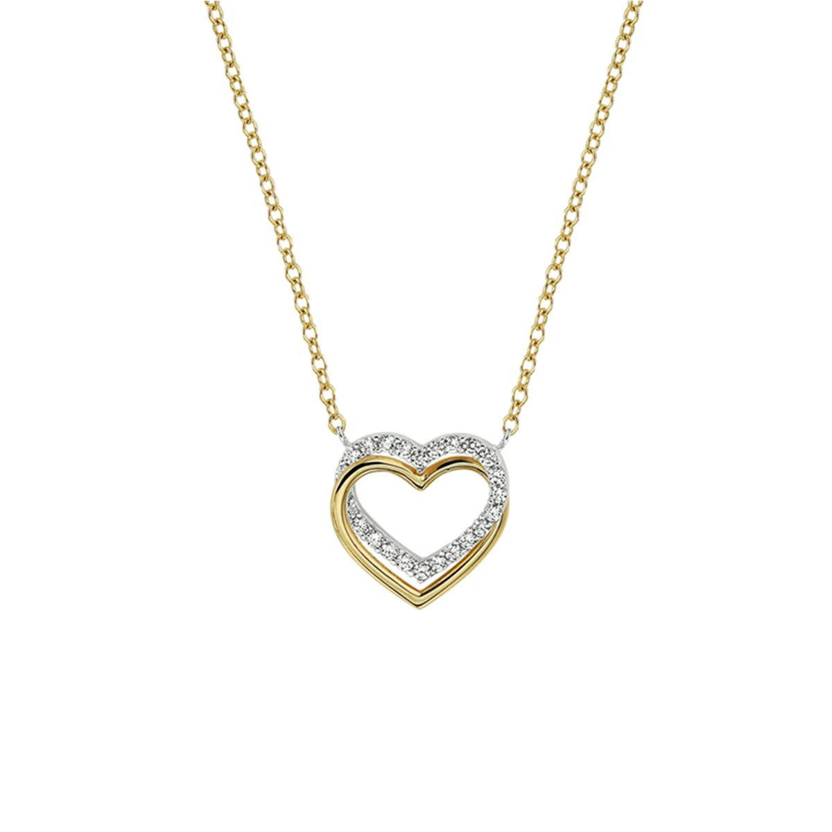 collier hart zirkonia 40 - 42 - 44 cm 14K bicolor goud geel/wit