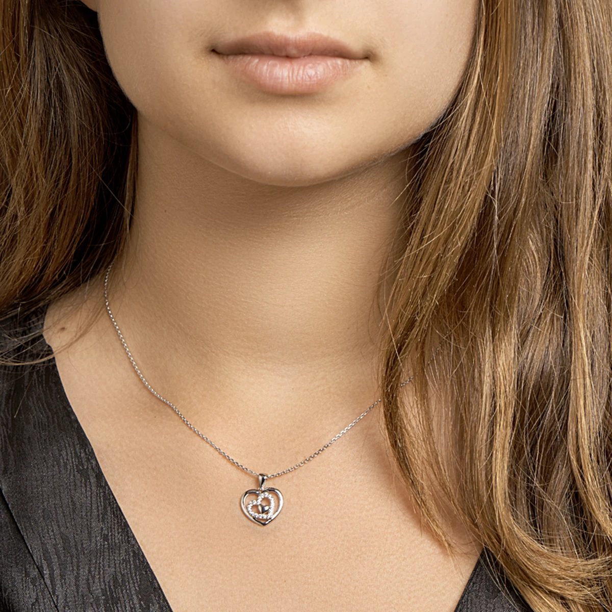 collier hart zirkonia 41 + 4 cm zilver gerhodineerd
