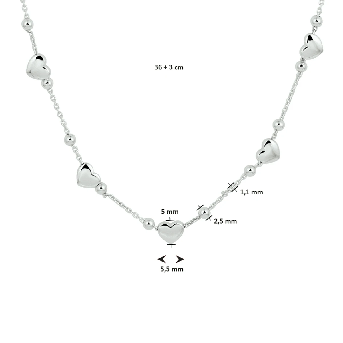 collier hartjes 36 + 3 cm zilver gerhodineerd