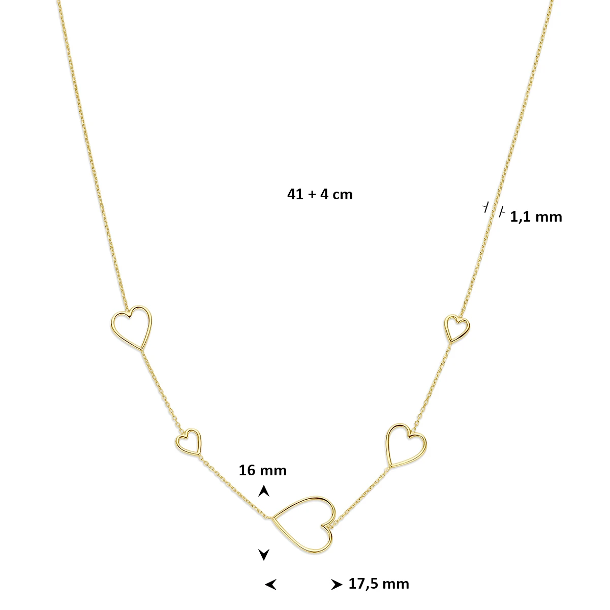 collier hartjes 41 + 4 cm 3 micron zilver verguld (geel)