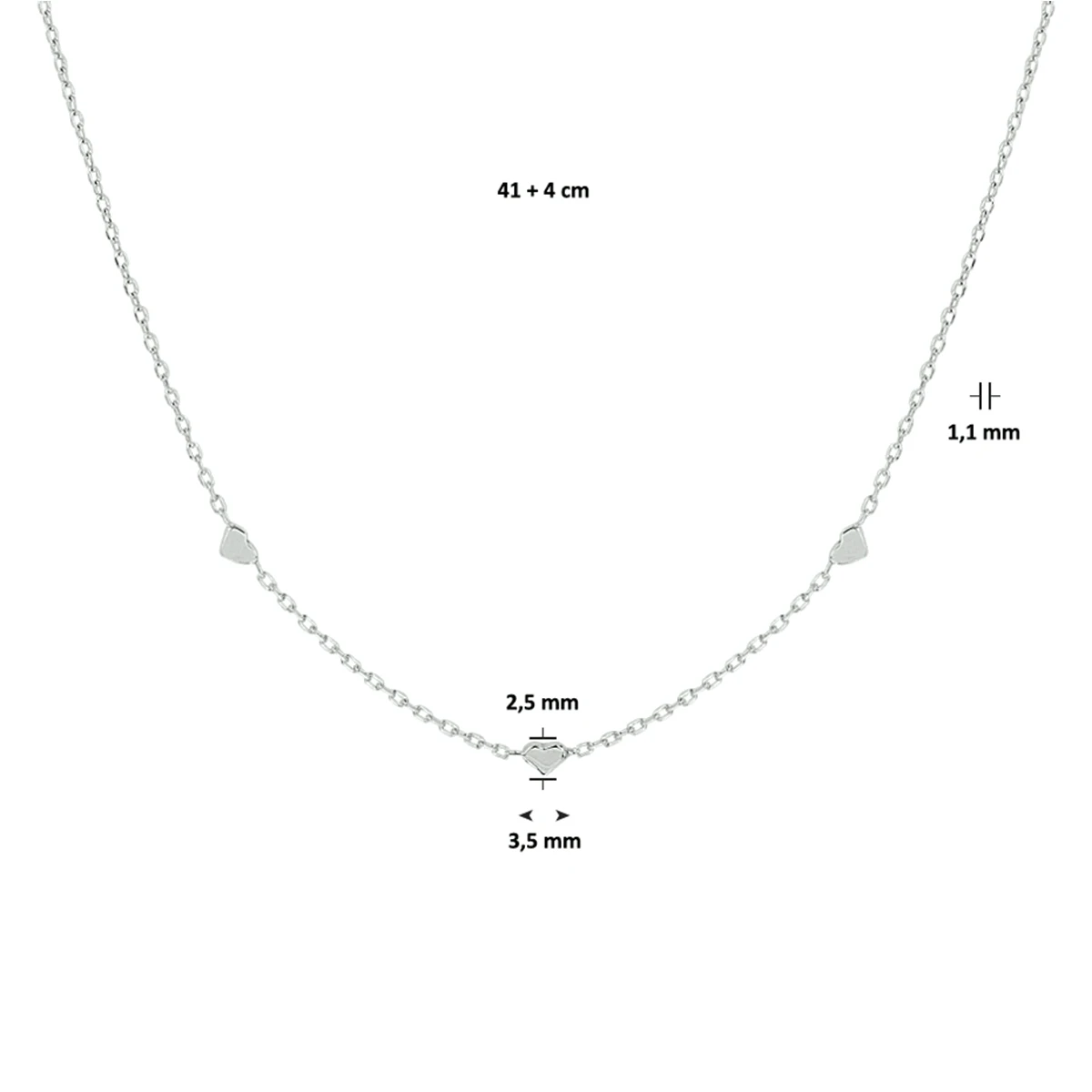 collier hartjes 41 + 4 cm zilver gerhodineerd