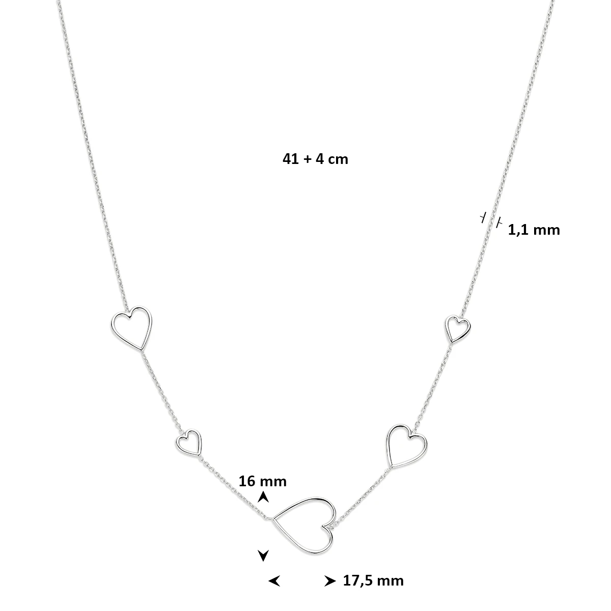 collier hartjes 41 + 4 cm zilver gerhodineerd