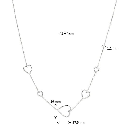 collier hartjes 41 + 4 cm zilver gerhodineerd