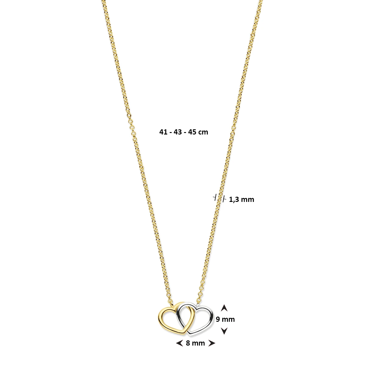collier hartjes 41 - 43 - 45 cm 14K bicolor goud geel/wit