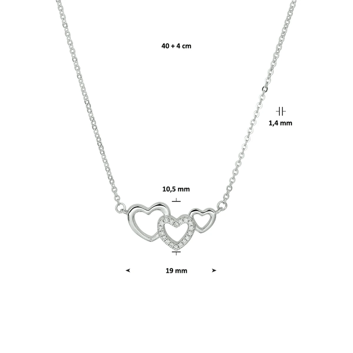 collier hartjes en zirkonia 40 + 4 cm zilver gerhodineerd
