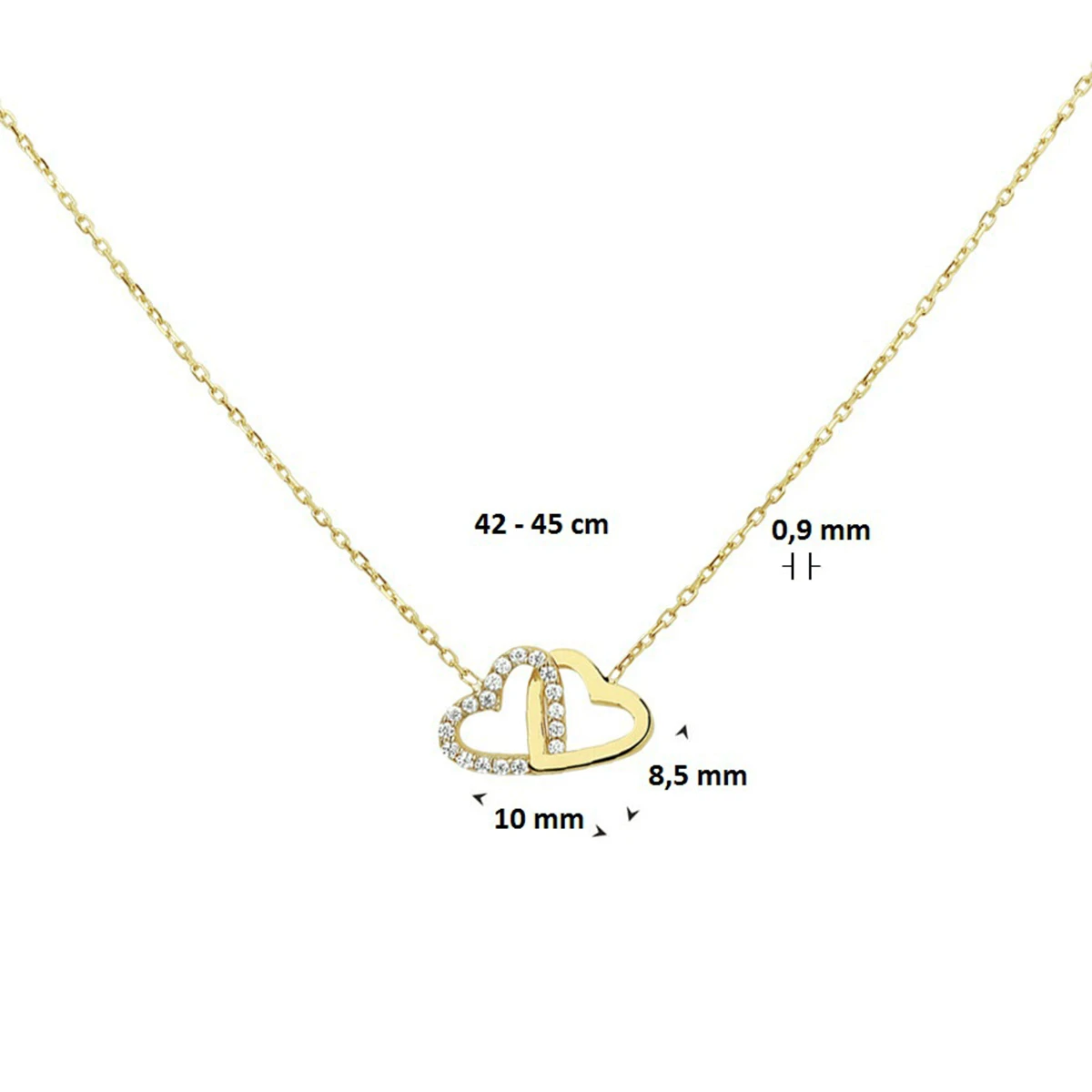 collier hartjes en zirkonia 42 - 45 cm 14K geelgoud